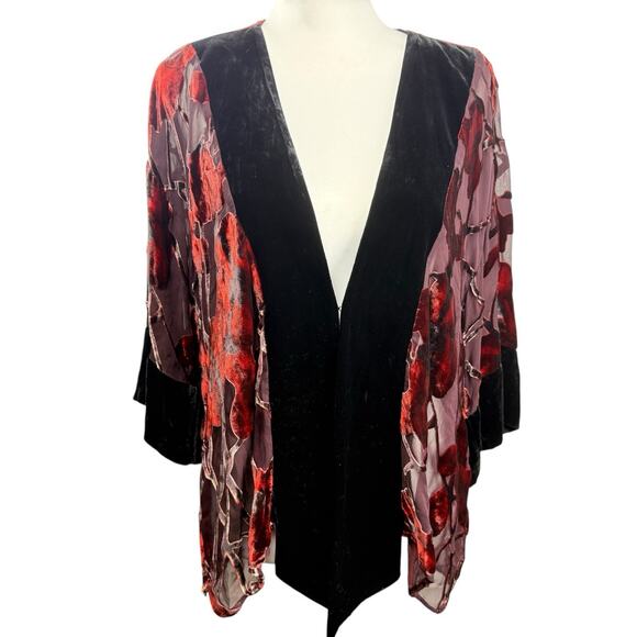 Kimono Jacket Size M 100% Silk Velvet Burn Out Shear CCC VTG Red Black Lagenlook - Picture 1 of 7